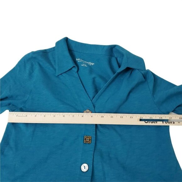 Soft Surroundings Danielle Button Top XS Teal Tunic Shirt Collared 100% Cotton - Picture 8 of 10